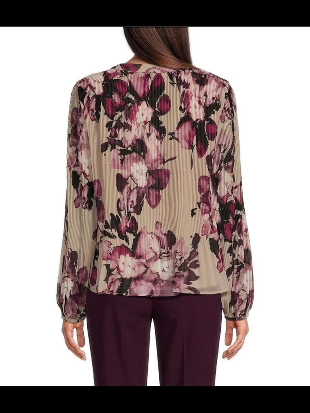 Calvin Klein Taupe Floral Pleated V-Neck Blouse with Plum Accents - Picture 3 of 11